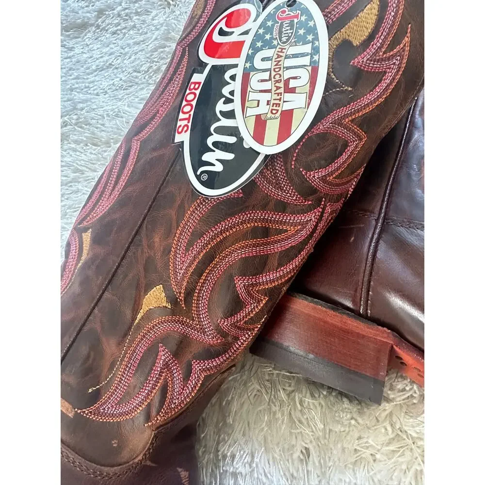 NWT Justin L2687 Ladies Punchy Western Boots Antique Brown Pink Square Toe 9.5 B - Picture 4 of 9